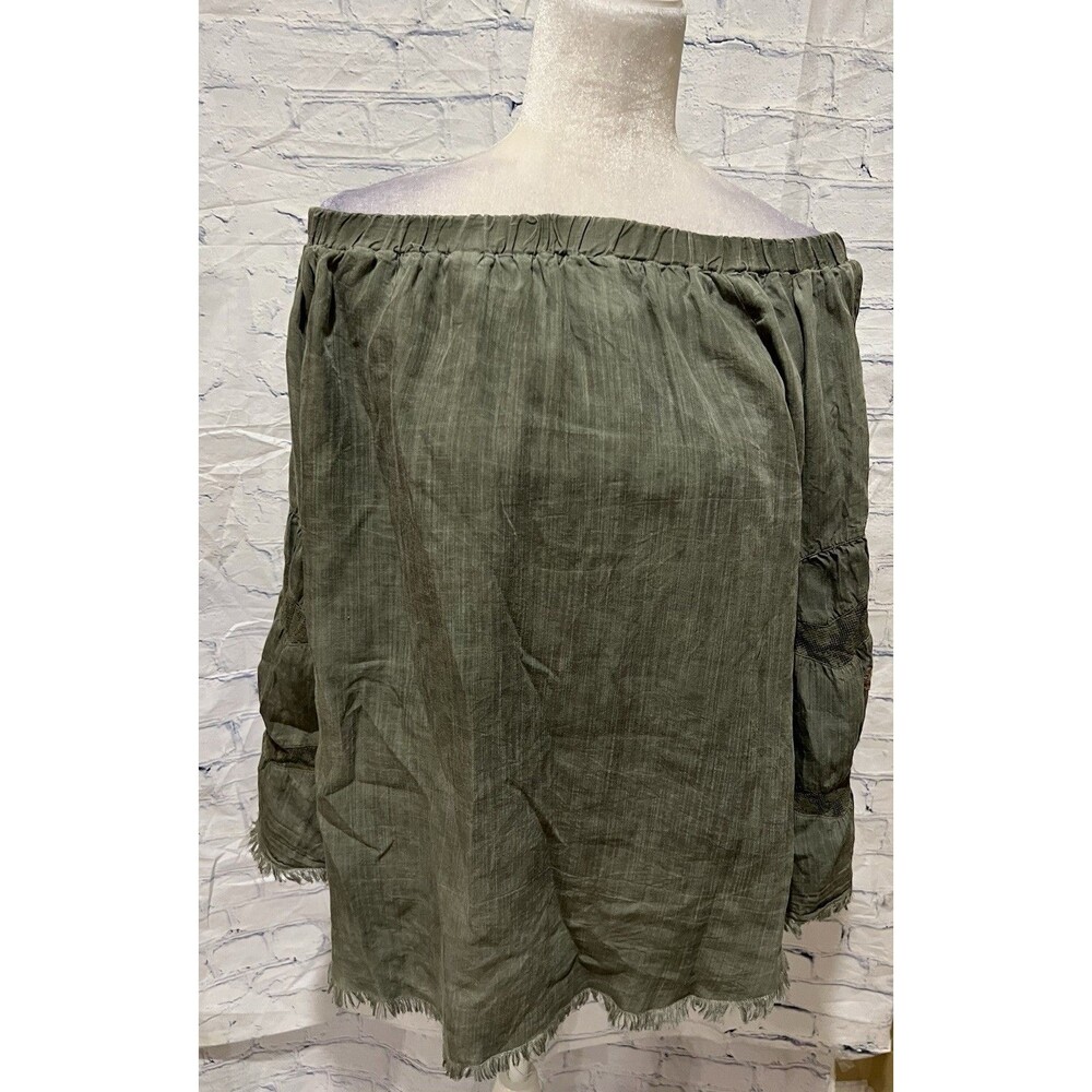 Standard Grace Off Shoulder Long Sleeve Embroidery Fray Edge Tunic Blouse Top L